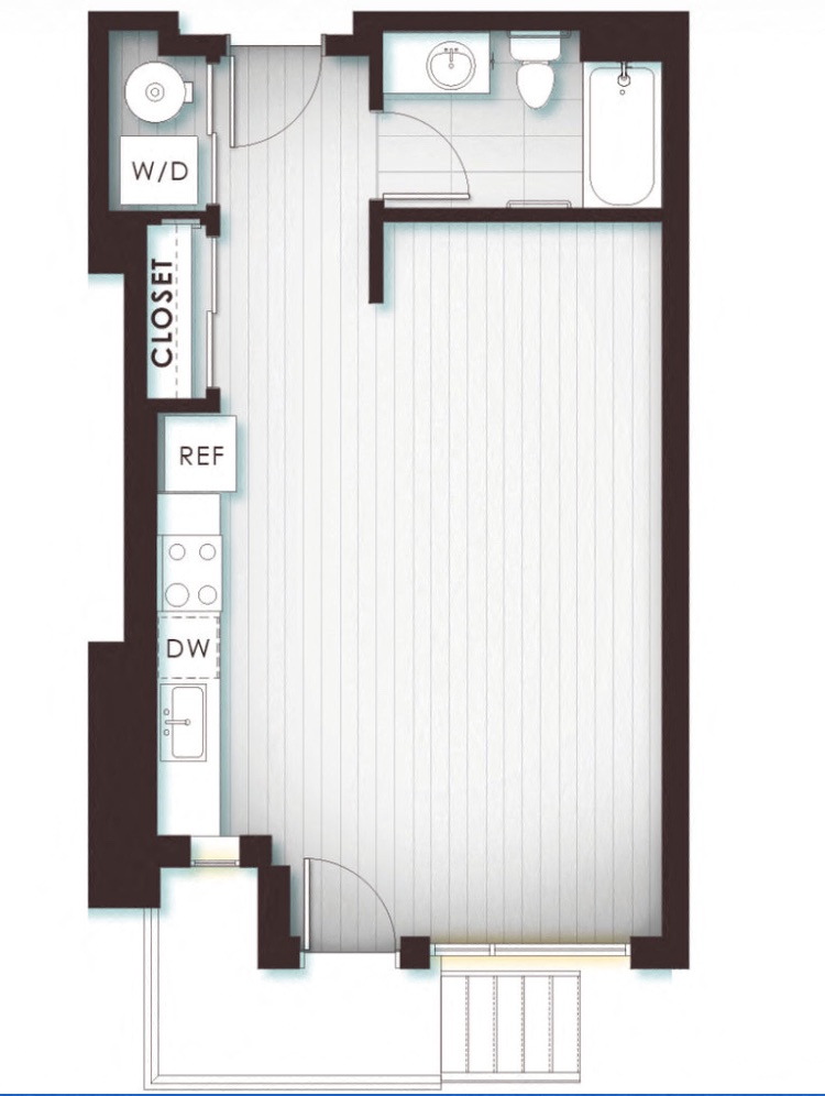Floor plan for studio, 1 bath, 490 sqft